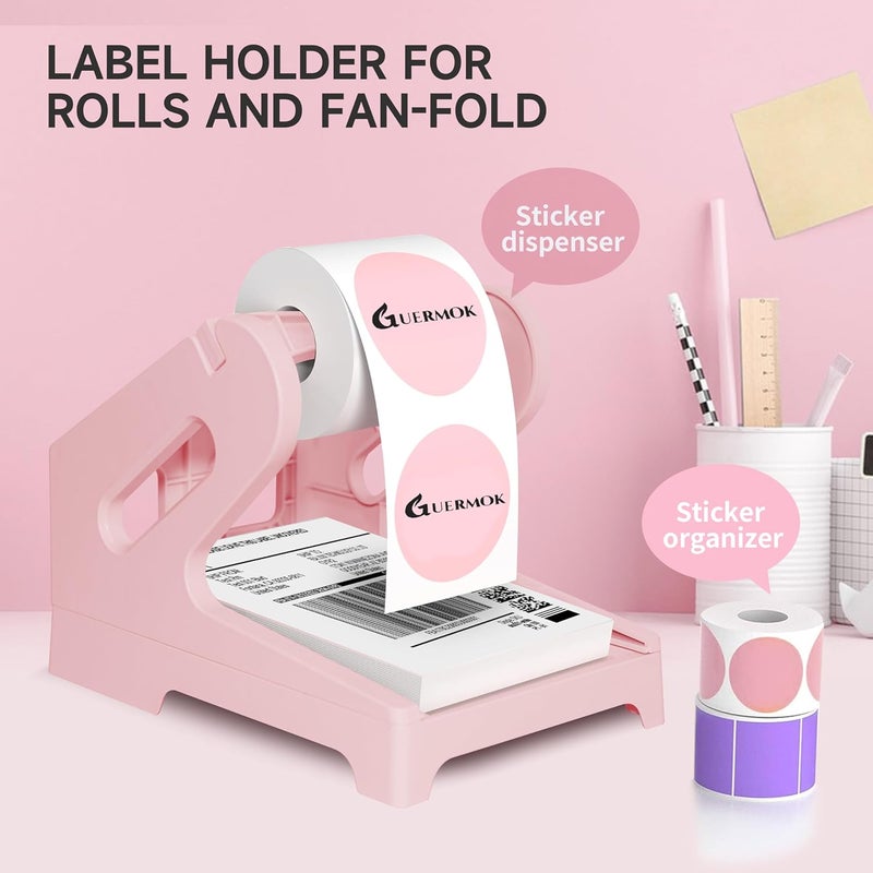Guermok Thermal Shipping Label Holder for Rolls & Fan-Fold, Fragile Stickers for Shipping, Label Stand Desktop Printer Holder-Home Office Accessory Sticker Dispenser for Holographic (Pink) - Image 5